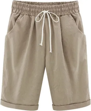 Bermuda Shorts for Women Knee Length Cotton Linen Elastic Waist Drawstring Shorts Summer Capris Pants with Pockets
