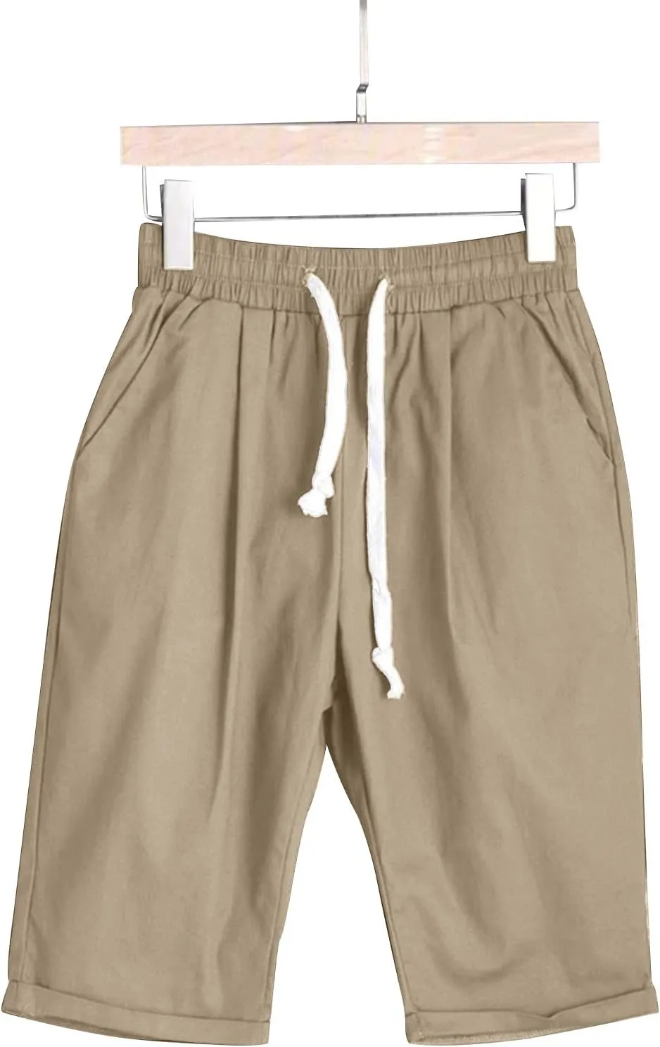 Bermuda Shorts for Women Knee Length Cotton Linen Elastic Waist Drawstring Shorts Summer Capris Pants with Pockets