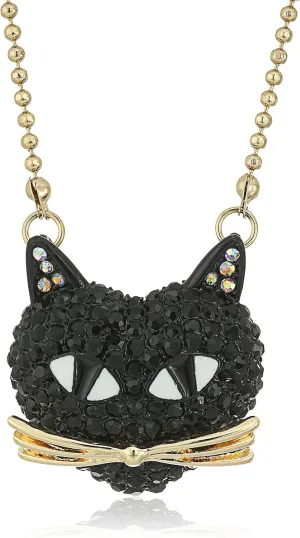 Betsey Johnson Pave Cat Pendant Necklace, 16"   3" Extender
