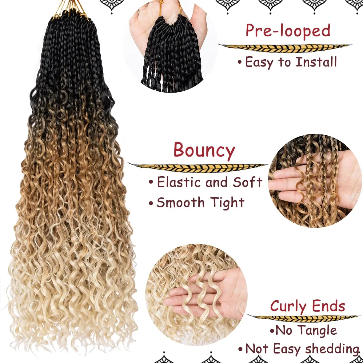 Beverlee 24 Inch 8 Packs Boho Box Braids Goddess Box Braids Crochet Hair Bohemian Hippie Braids Braiding Hair Box Braids with Curly Ends Messy Pre-looped Synthetic Crochet Hair for Black Women 1B2460#