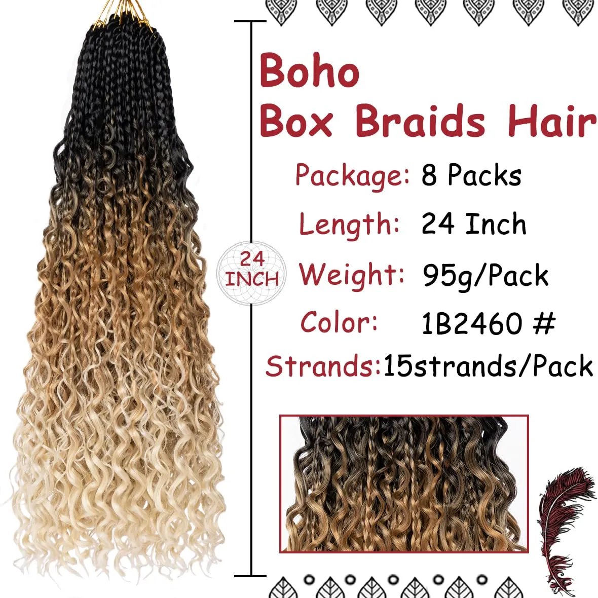 Beverlee 24 Inch 8 Packs Boho Box Braids Goddess Box Braids Crochet Hair Bohemian Hippie Braids Braiding Hair Box Braids with Curly Ends Messy Pre-looped Synthetic Crochet Hair for Black Women 1B2460#