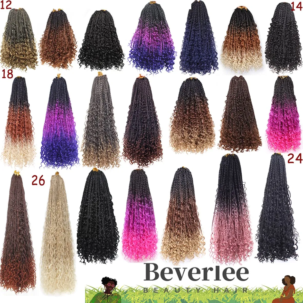 Beverlee 24 Inch 8 Packs Boho Box Braids Goddess Box Braids Crochet Hair Bohemian Hippie Braids Braiding Hair Box Braids with Curly Ends Messy Pre-looped Synthetic Crochet Hair for Black Women 1B2460#