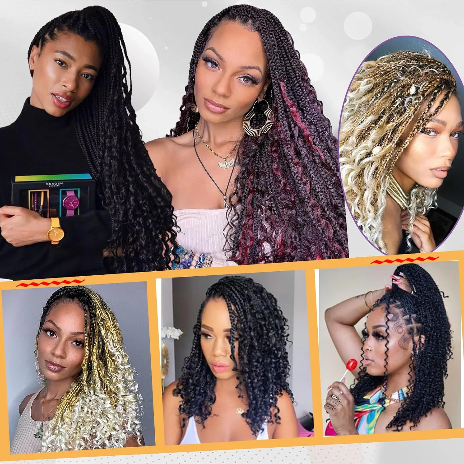 Beverlee 24 Inch 8 Packs Boho Box Braids Goddess Box Braids Crochet Hair Bohemian Hippie Braids Braiding Hair Box Braids with Curly Ends Messy Pre-looped Synthetic Crochet Hair for Black Women 1B2460#