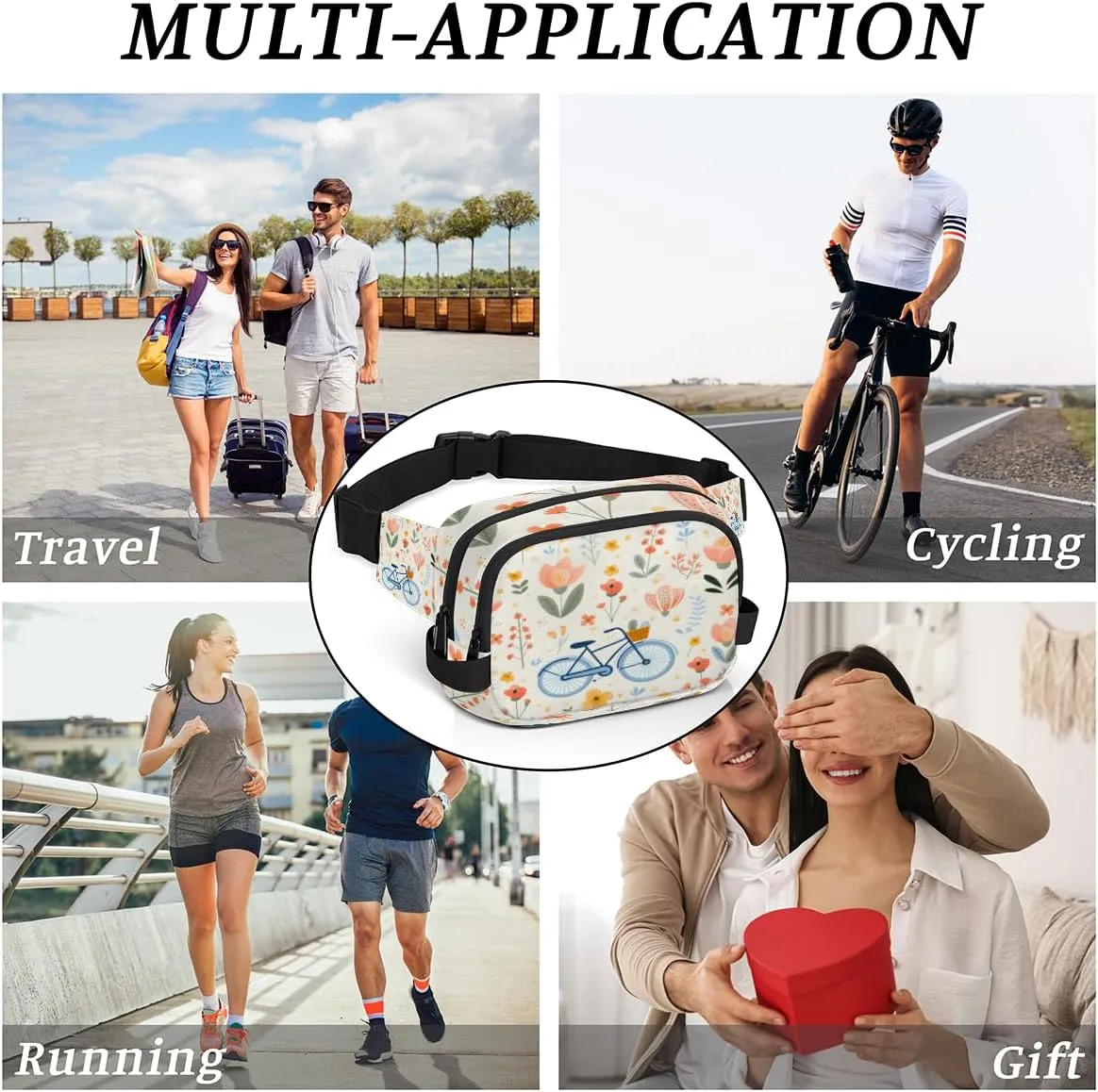 Bicycle Pattern Fanny Pack for Men Women Crossbody Waist Bag Sport Belt Bag with Multi Pockets for Travel Hiking Jogging Running