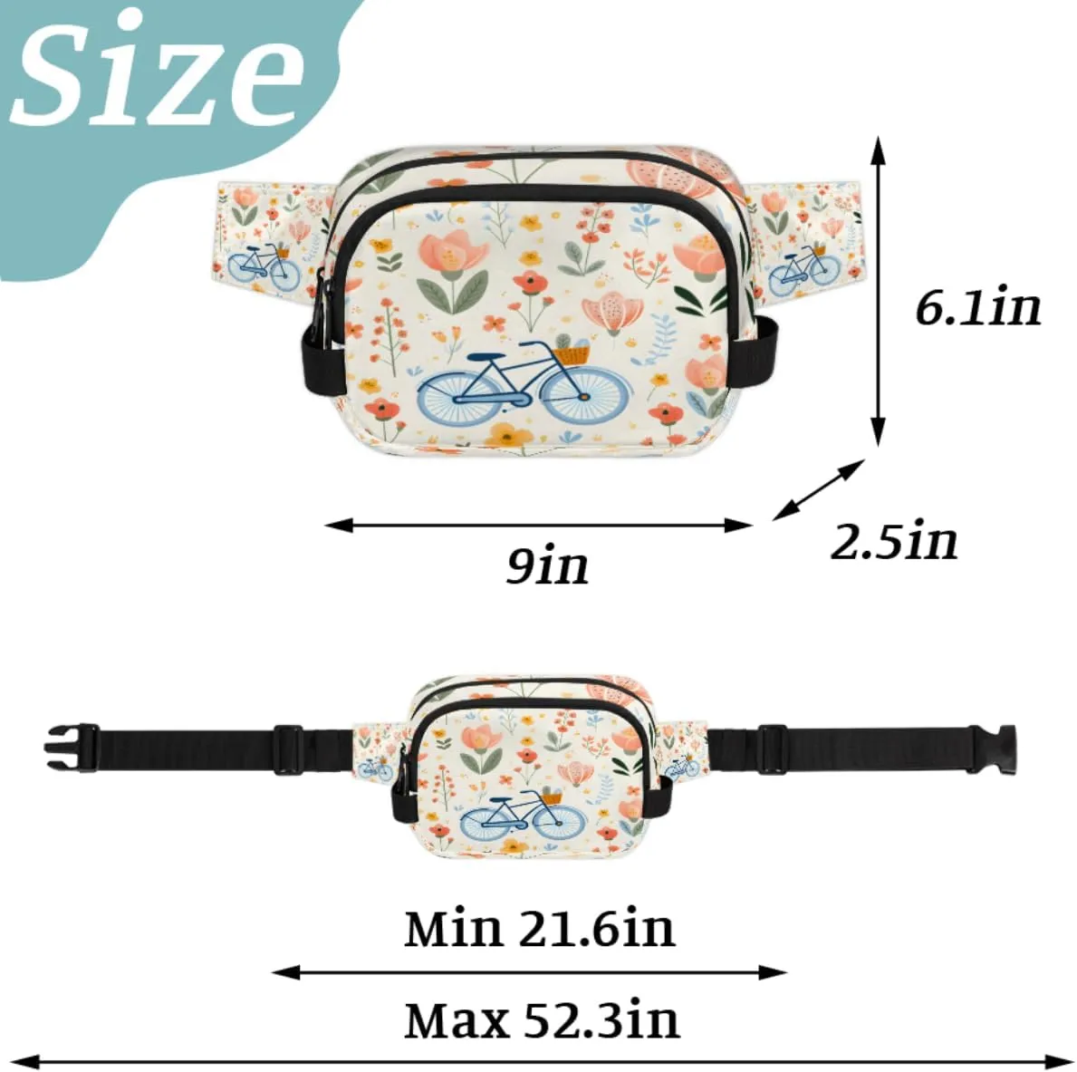 Bicycle Pattern Fanny Pack for Men Women Crossbody Waist Bag Sport Belt Bag with Multi Pockets for Travel Hiking Jogging Running