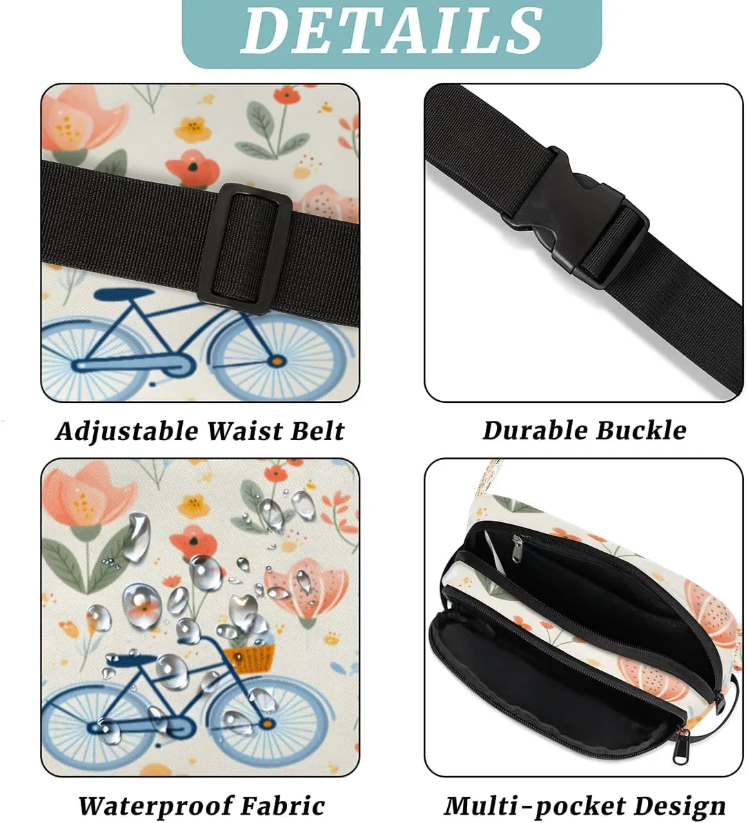 Bicycle Pattern Fanny Pack for Men Women Crossbody Waist Bag Sport Belt Bag with Multi Pockets for Travel Hiking Jogging Running