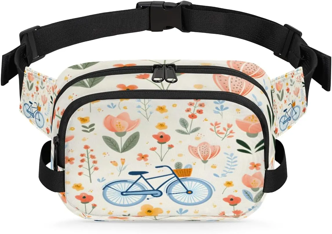 Bicycle Pattern Fanny Pack for Men Women Crossbody Waist Bag Sport Belt Bag with Multi Pockets for Travel Hiking Jogging Running