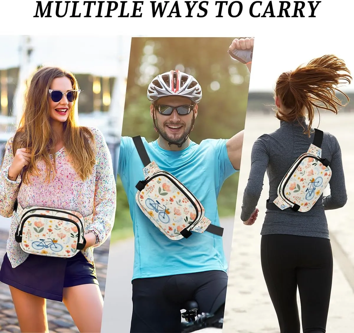 Bicycle Pattern Fanny Pack for Men Women Crossbody Waist Bag Sport Belt Bag with Multi Pockets for Travel Hiking Jogging Running