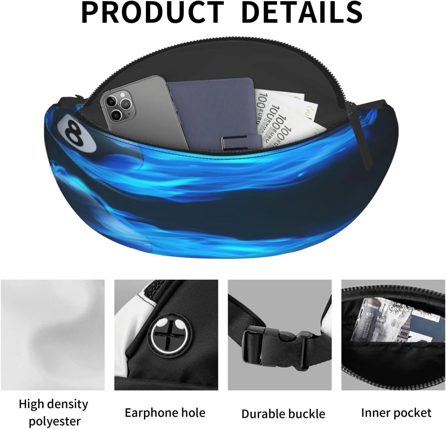 Billiard 8 Ball Blue Fire Fanny Pack, Crossbody Waist Packs for Women Men Waist Bags with Adjustable Strap for Travel Running Hiking Sport