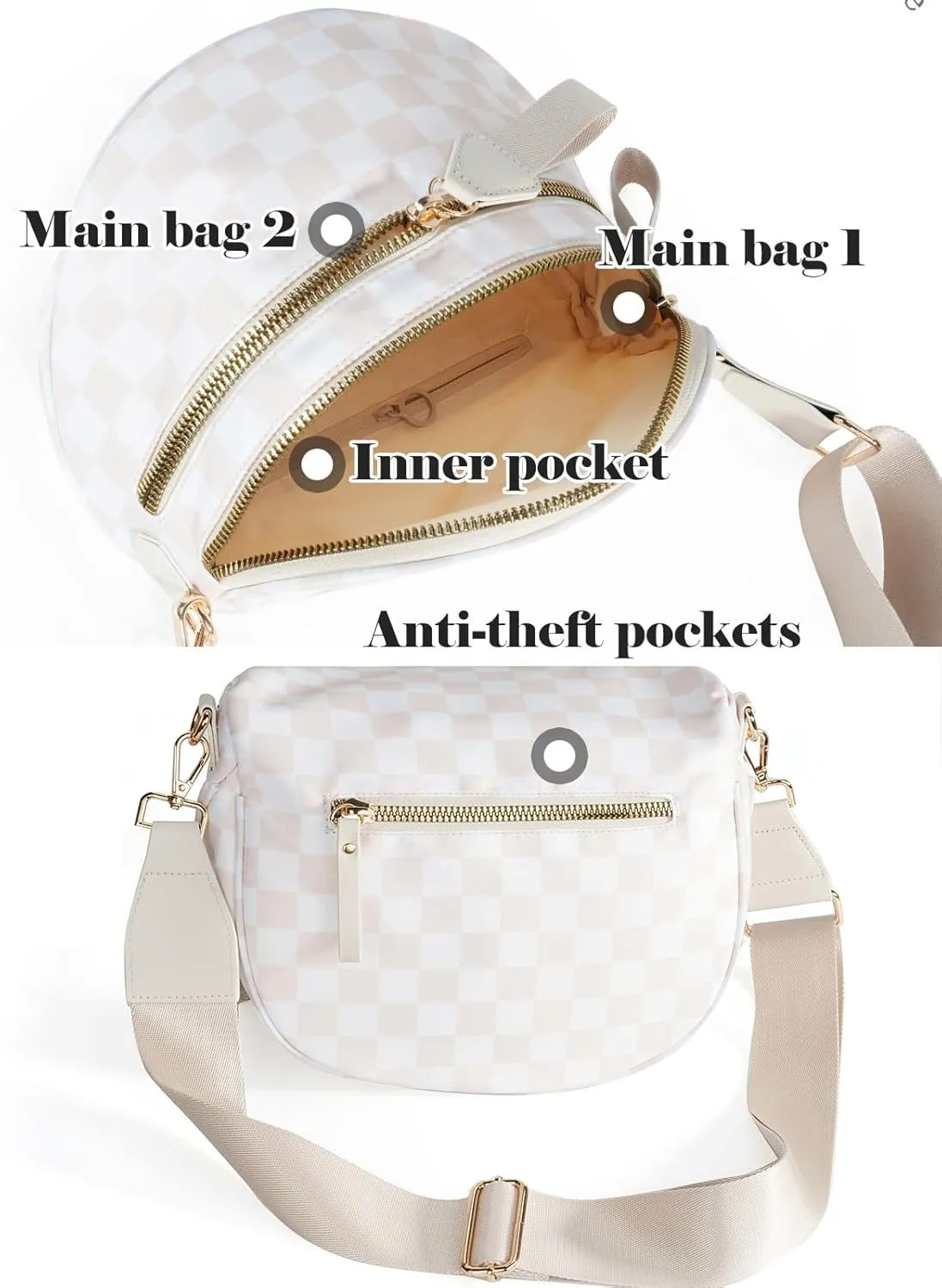 Black and White Checkered Crossbody Bag Bum Bag for Women,Spacious Checkered Purse Fanny Packs Belt Bag