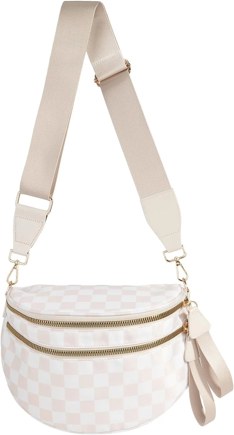 Black and White Checkered Crossbody Bag Bum Bag for Women,Spacious Checkered Purse Fanny Packs Belt Bag