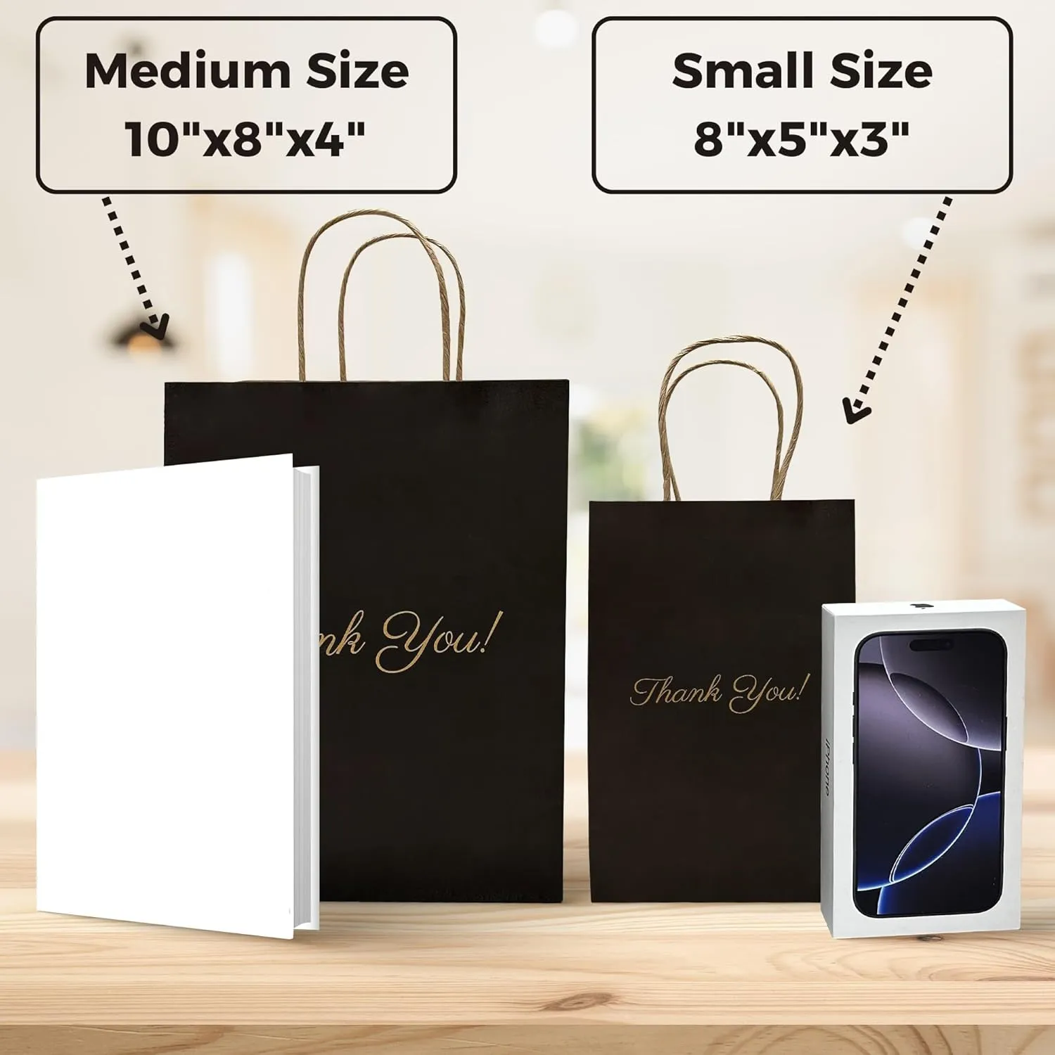Black Gift Bags, 50 Pack Paper Bags, 8"x10"x4" Bolsas de Papel, Small Business Bag, Small Paper Bag, Perfect for Retail Shopping