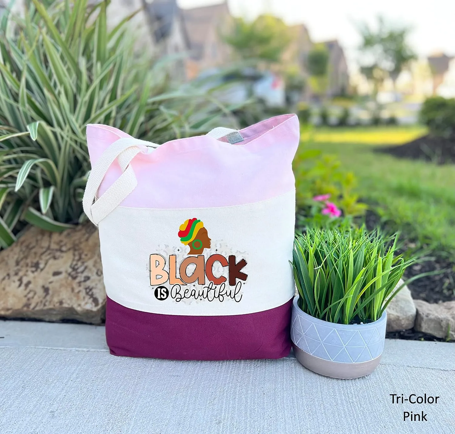 Black Is Beautiful Tote Bag, Civil Rights Tote Bag, Juneteenth Gift, Celebrate Black History, (15"L x 15"H x 3"D, Tri-Color Pink)