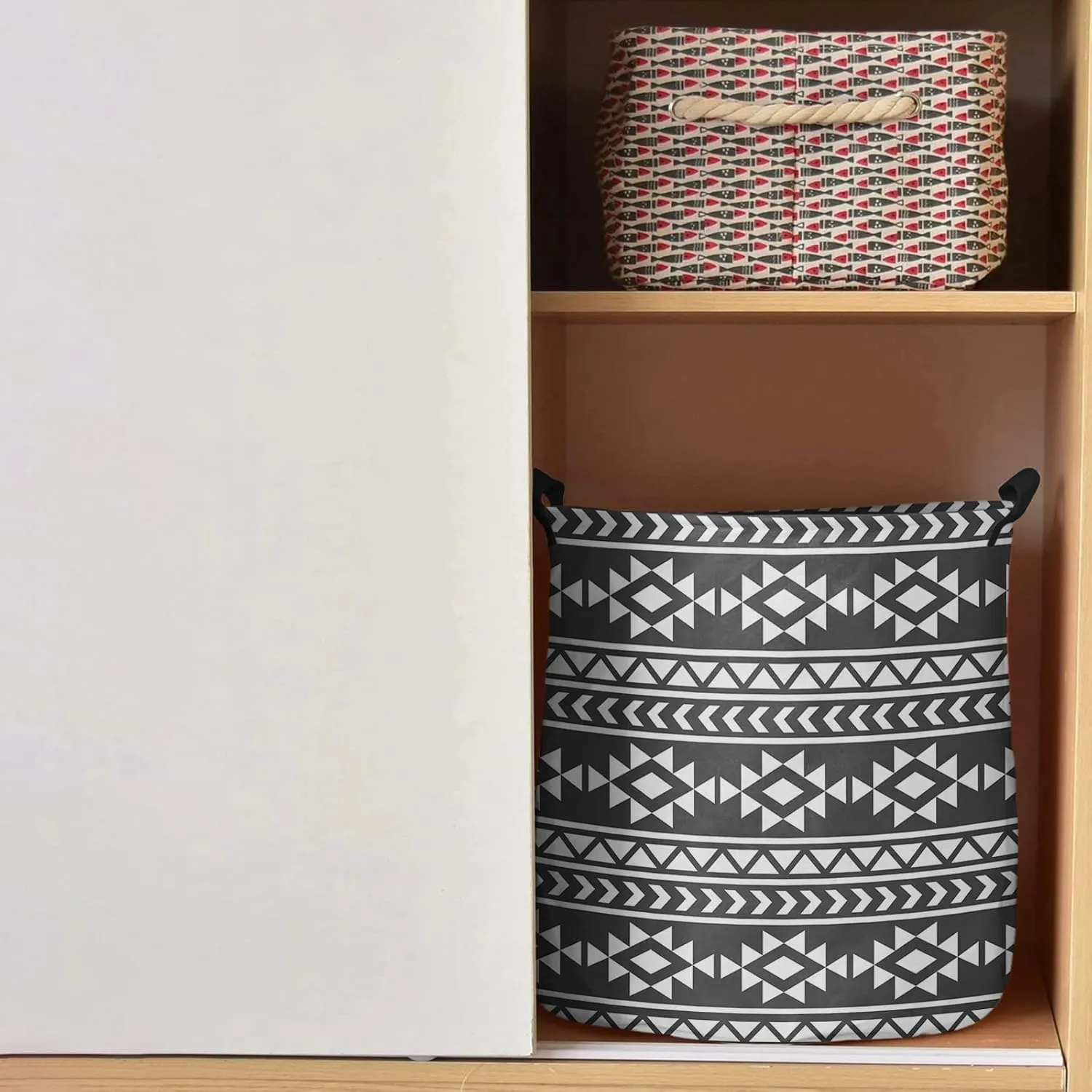 Black Southeastern Large Laundry Basket,Collapsible Bag with Easy Carry Handles,Boho Geometric Native American Tribal Waterproof Foldable Freestanding Hamper,Folding Washing Bin Clothes Storage Round