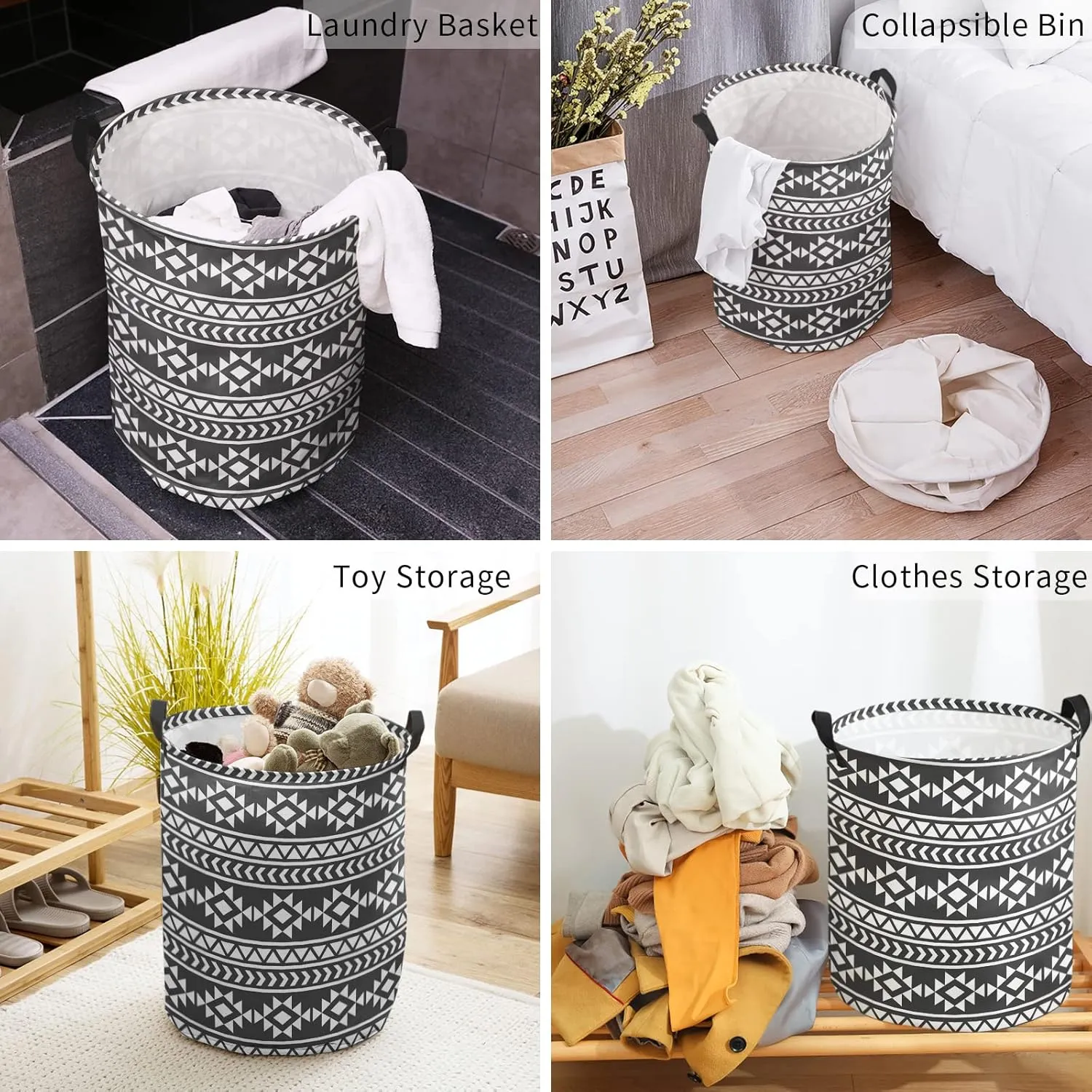 Black Southeastern Large Laundry Basket,Collapsible Bag with Easy Carry Handles,Boho Geometric Native American Tribal Waterproof Foldable Freestanding Hamper,Folding Washing Bin Clothes Storage Round