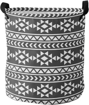 Black Southeastern Large Laundry Basket,Collapsible Bag with Easy Carry Handles,Boho Geometric Native American Tribal Waterproof Foldable Freestanding Hamper,Folding Washing Bin Clothes Storage Round
