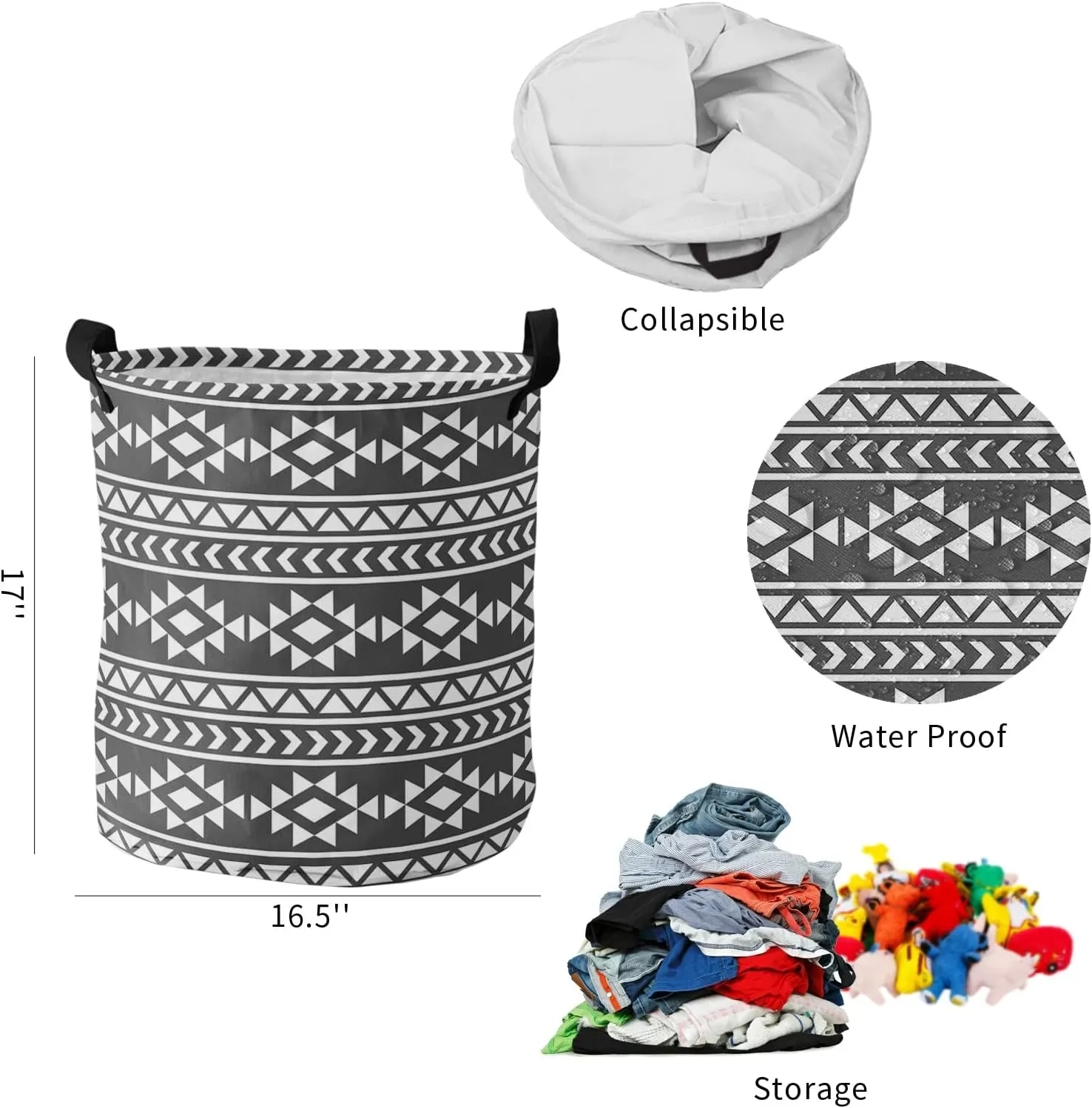 Black Southeastern Large Laundry Basket,Collapsible Bag with Easy Carry Handles,Boho Geometric Native American Tribal Waterproof Foldable Freestanding Hamper,Folding Washing Bin Clothes Storage Round