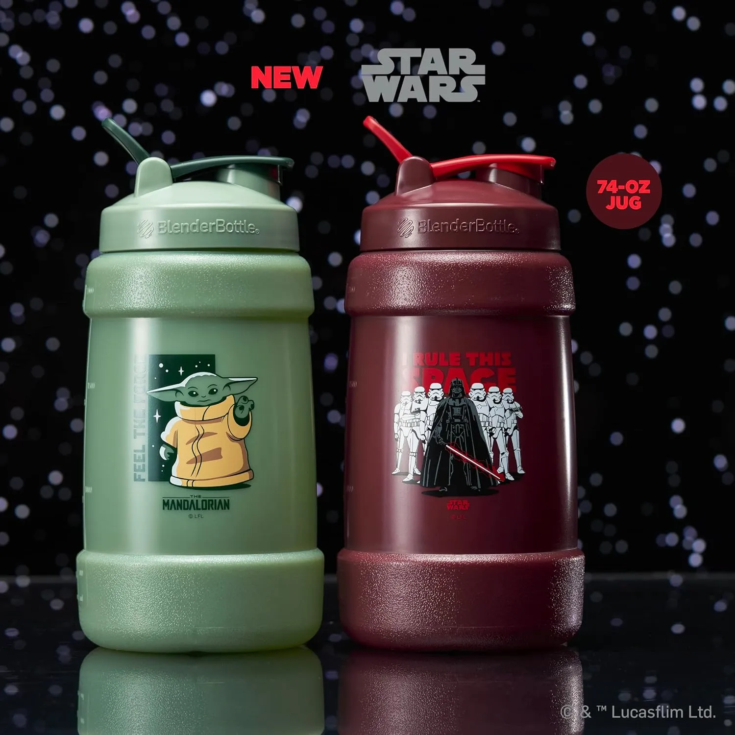 BlenderBottle Star Wars Mandalorian Half Gallon Water Bottle, Koda Large Water Jug, 74oz, I Rule This Space, Darth Vader and Storm Troopers, 2.2 Liters