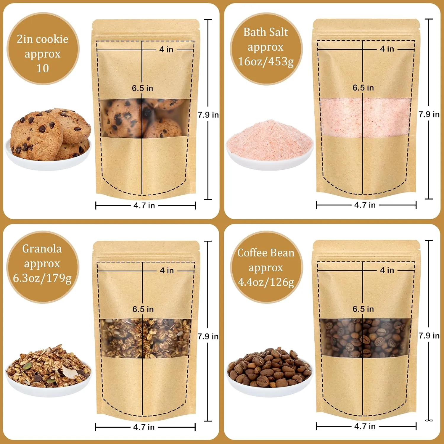 Blisstime Stand Up Pouch, 100 Pack Kraft Paper Zip Lock Bags with Matte Window and Tear Notch Resealable Bags for Small Business and Home Use (4.7 X 7.9 Inches)