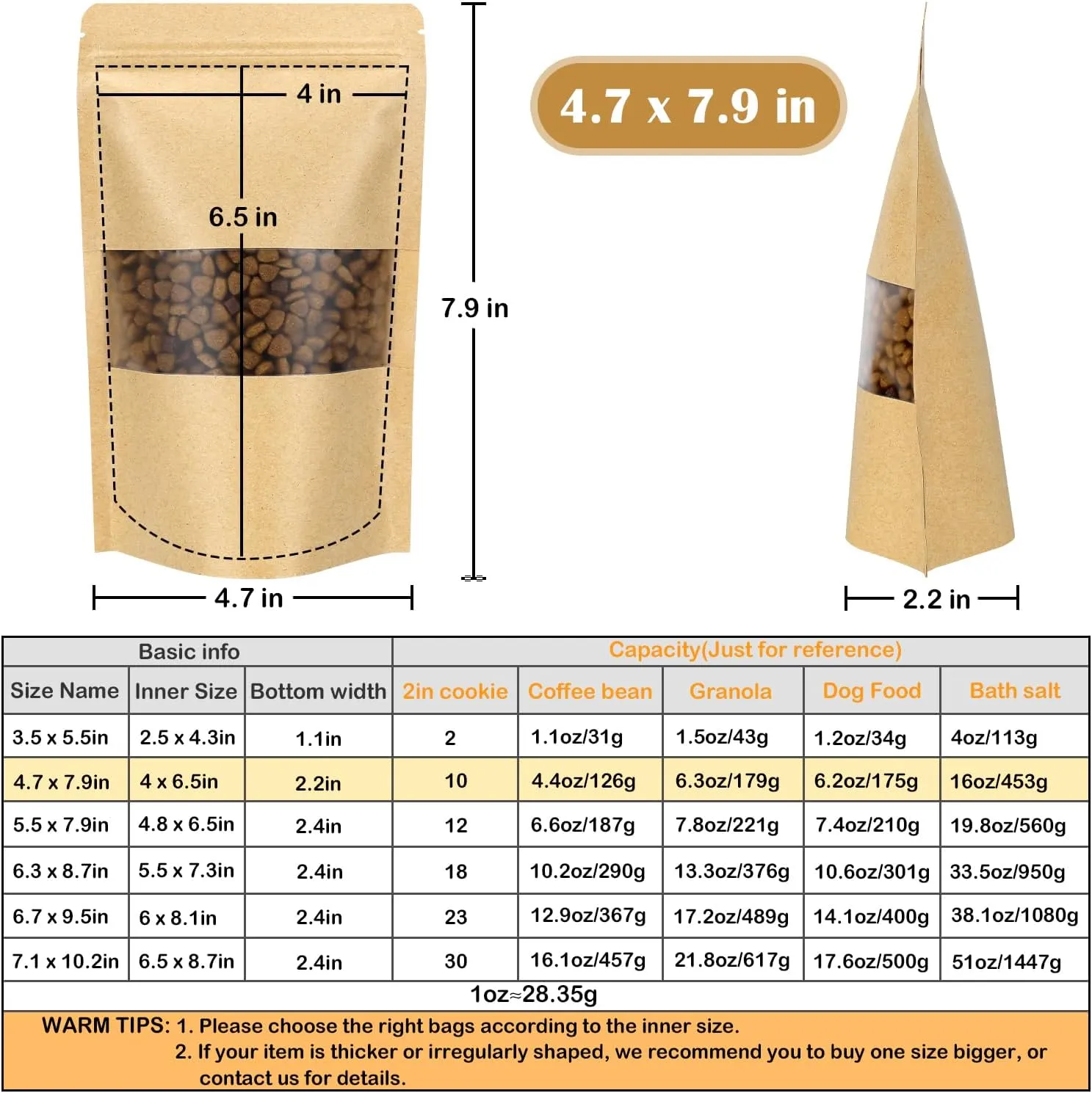 Blisstime Stand Up Pouch, 100 Pack Kraft Paper Zip Lock Bags with Matte Window and Tear Notch Resealable Bags for Small Business and Home Use (4.7 X 7.9 Inches)