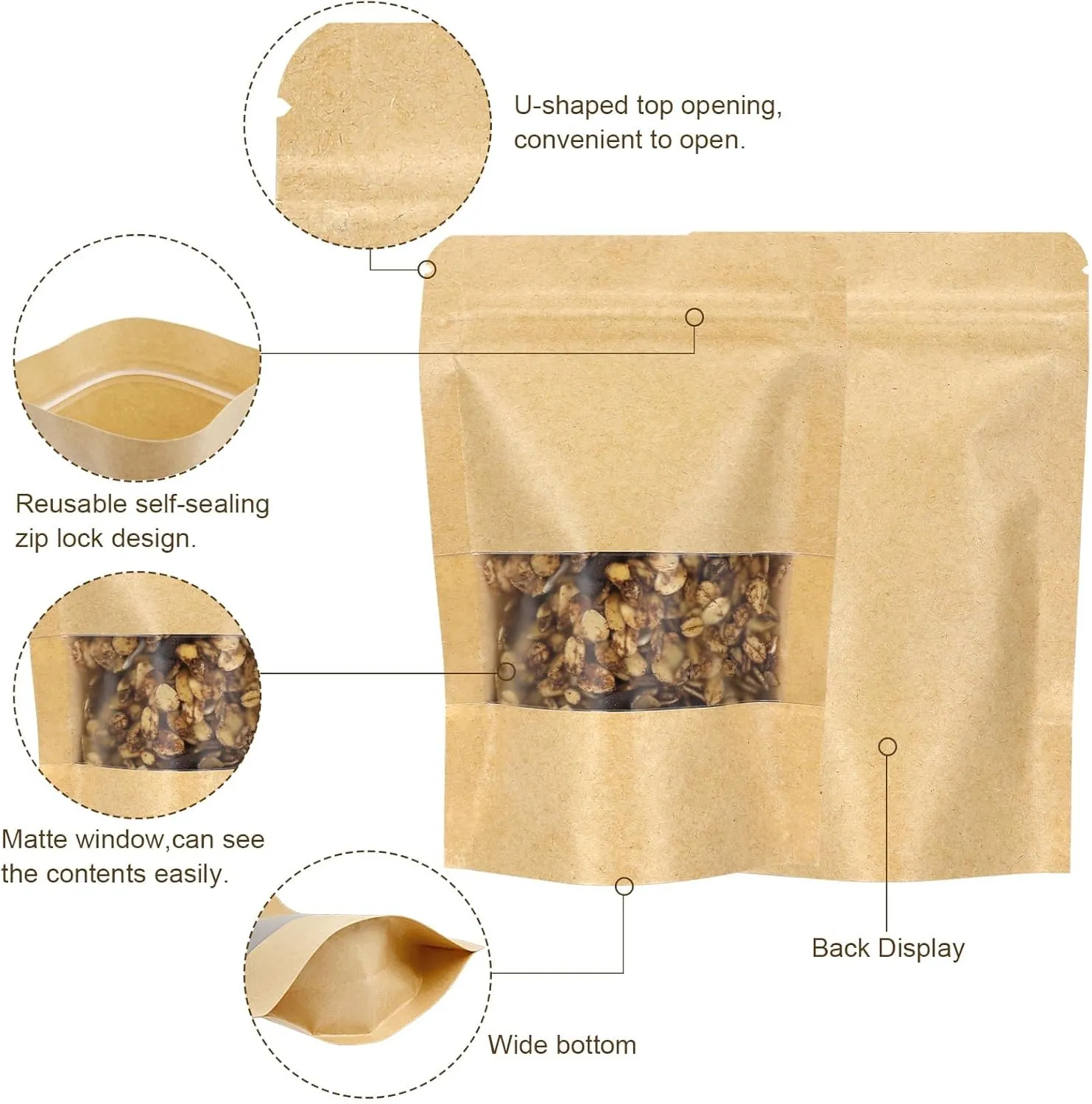 Blisstime Stand Up Pouches, 50 Pack Kraft Paper Zip Lock Bags with Matte Window and Tear Notch Resealable Bags for Small Business Home Use (6.3 X 8.7 Inches)