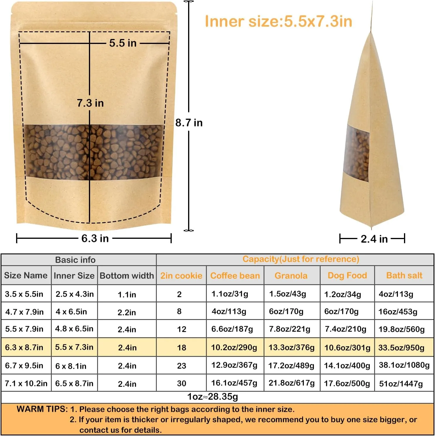 Blisstime Stand Up Pouches, 50 Pack Kraft Paper Zip Lock Bags with Matte Window and Tear Notch Resealable Bags for Small Business Home Use (6.3 X 8.7 Inches)