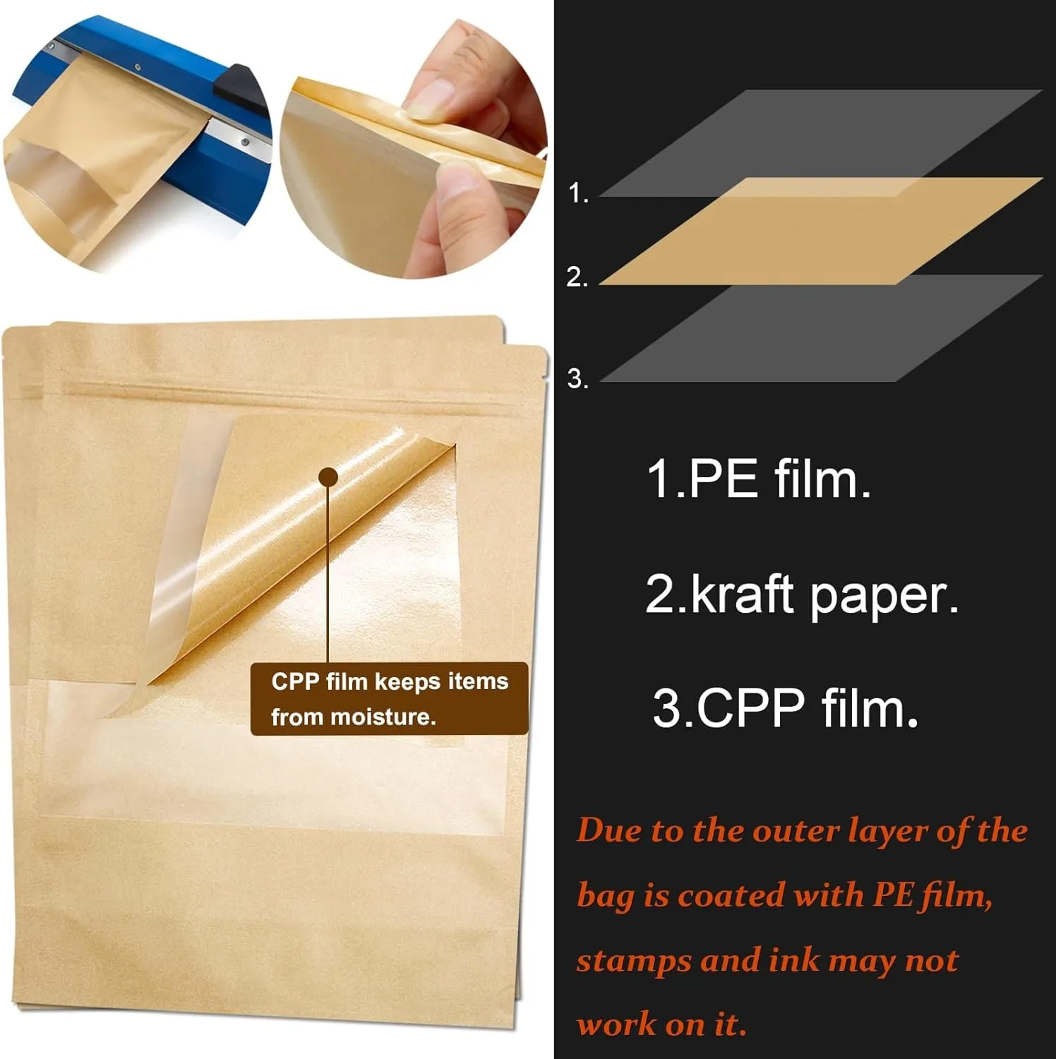 Blisstime Stand Up Pouches, 50 Pack Kraft Paper Zip Lock Bags with Matte Window and Tear Notch Resealable Bags for Small Business Home Use (6.3 X 8.7 Inches)