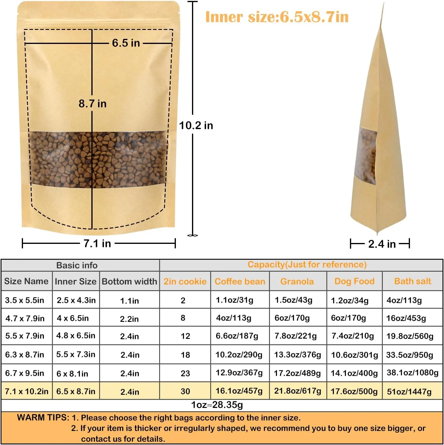 Blisstime Stand Up Pouches, 50 Pack Kraft Paper Zip Lock Bags with Matte Window and Tear Notch Resealable Bags for Small Business Home Use (7.1 X 10.2 Inches)