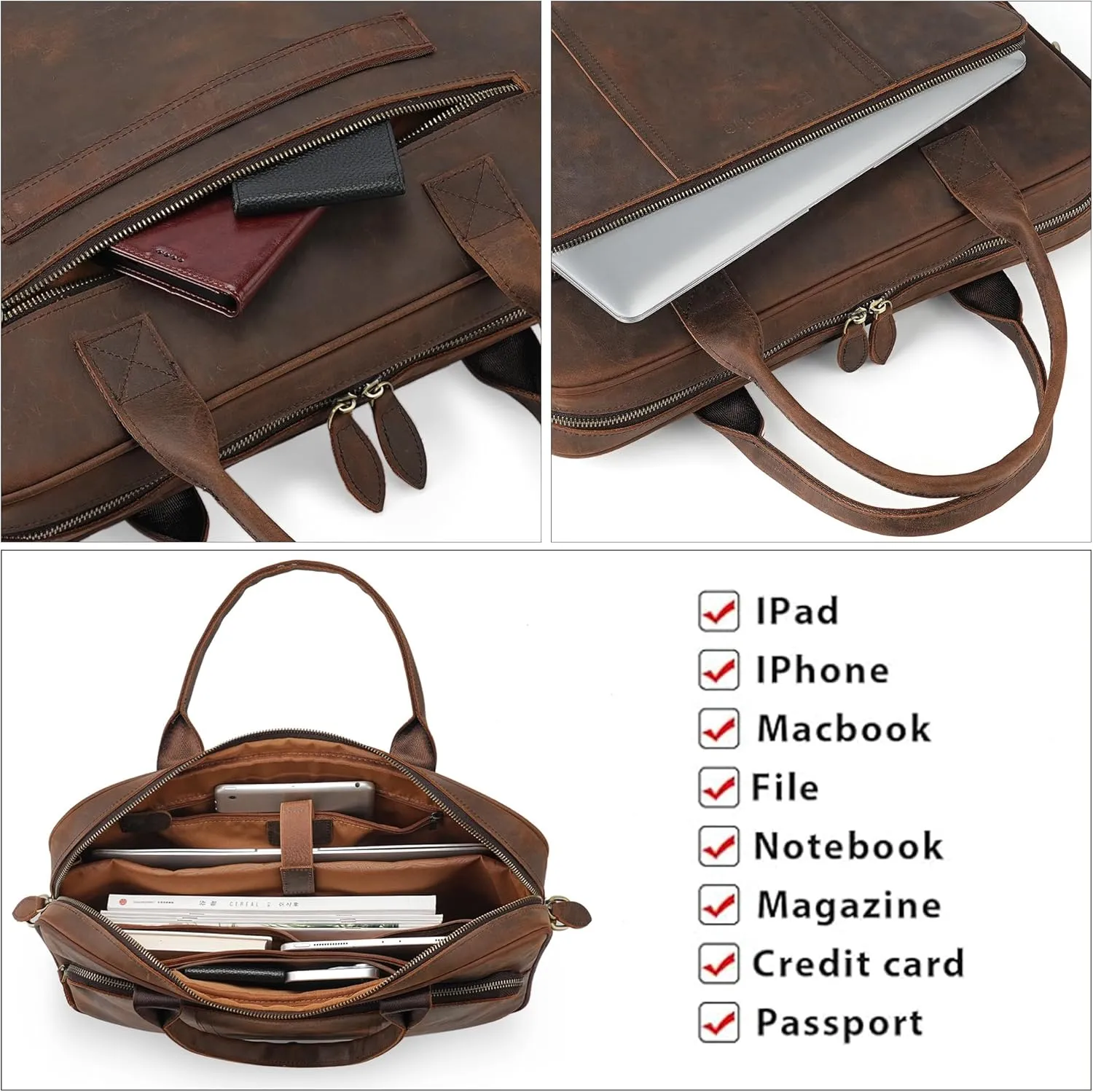 Blofinche Genuine Leather laptop briefcase mens 15.6 inch Computer Messenger shouledr work Satchel bags Coffee