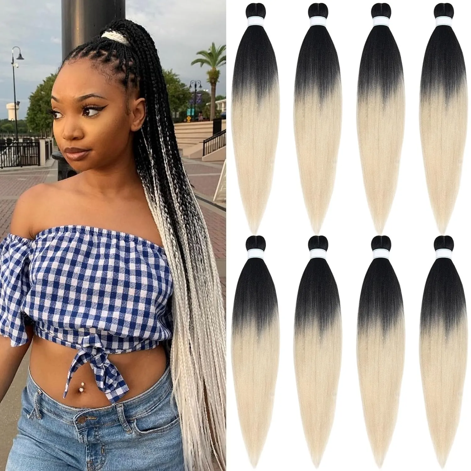 Blonde Ombre Braiding Hair Pre Stretched 1b/613 Pre Sectioned Crochet Braiding Hair Extensions for Braids 26 Inch Knotless Weave Hair for Black Box Braids