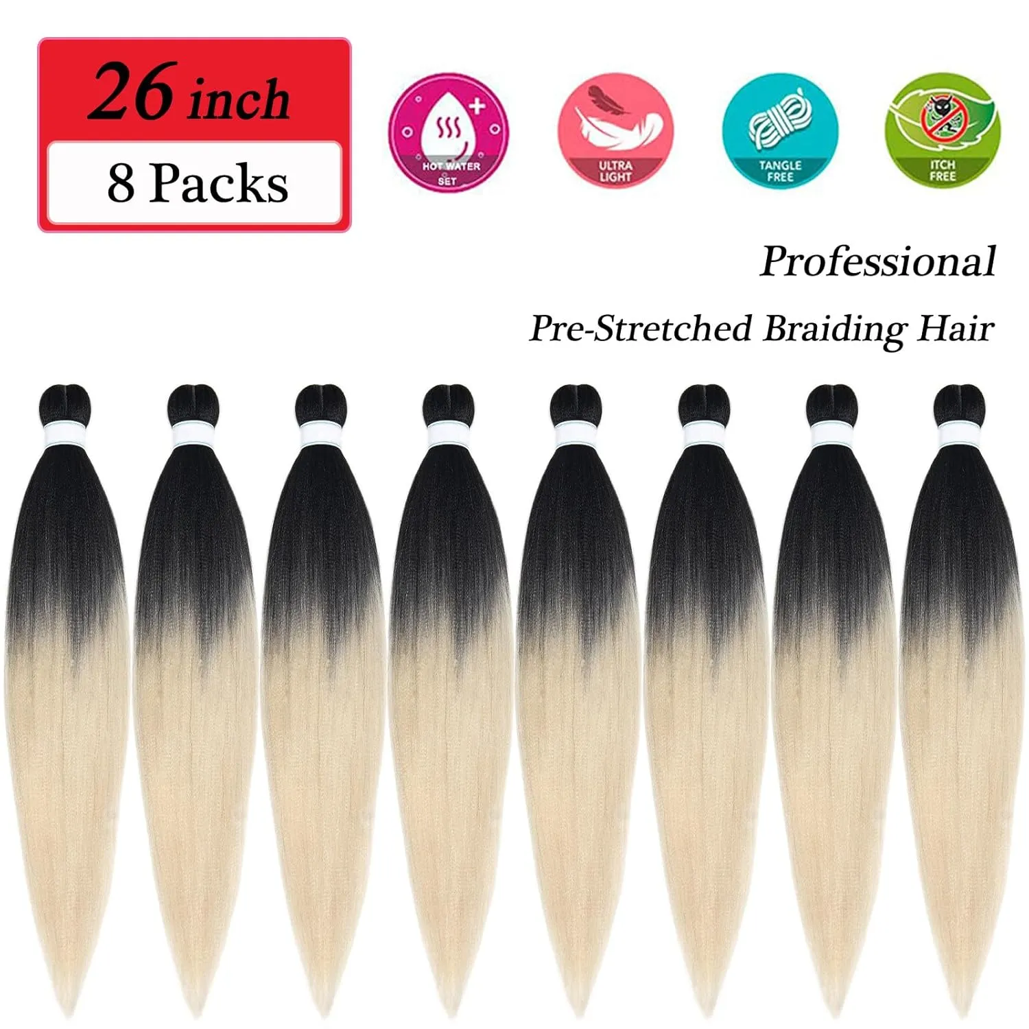 Blonde Ombre Braiding Hair Pre Stretched 1b/613 Pre Sectioned Crochet Braiding Hair Extensions for Braids 26 Inch Knotless Weave Hair for Black Box Braids
