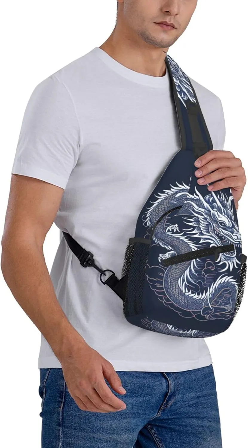 Blue Dragon Pattern Sling Backpack Crossbody Bag, Chest Bag Daypack for Outdoors Hiking Traveling
