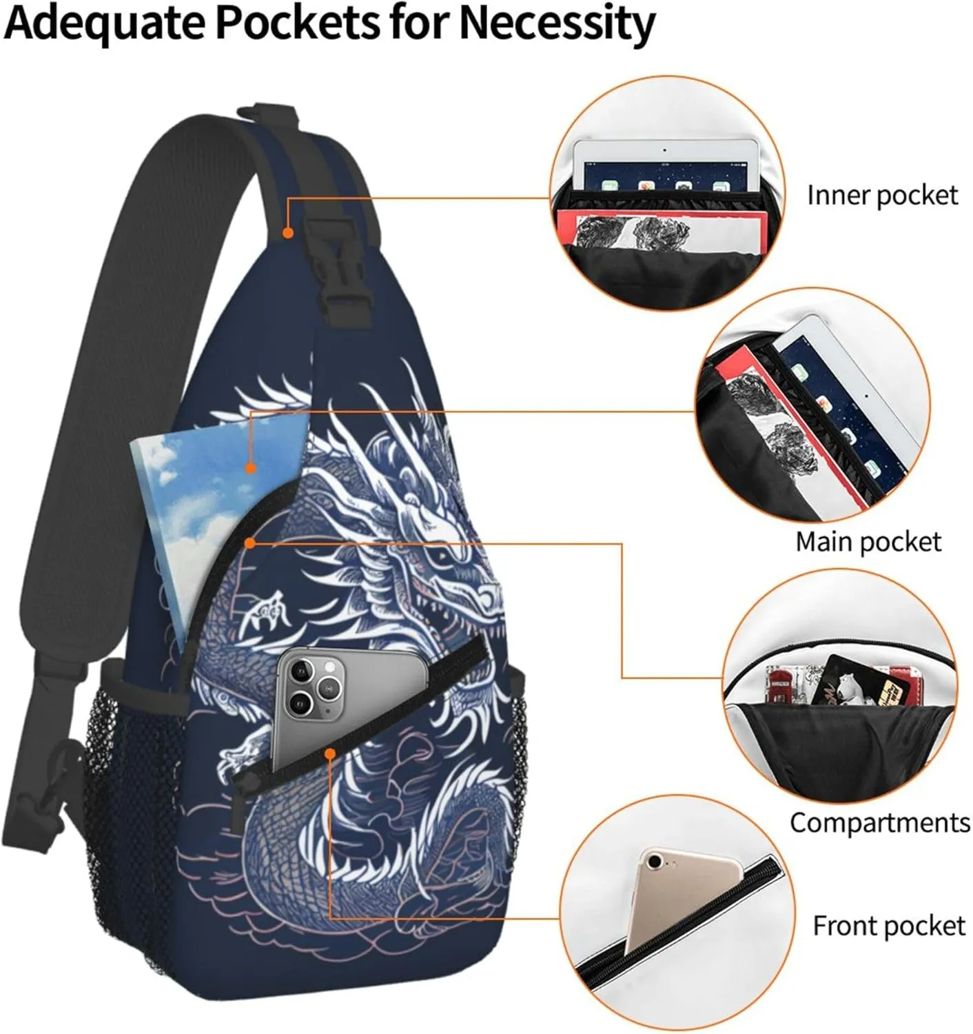 Blue Dragon Pattern Sling Backpack Crossbody Bag, Chest Bag Daypack for Outdoors Hiking Traveling