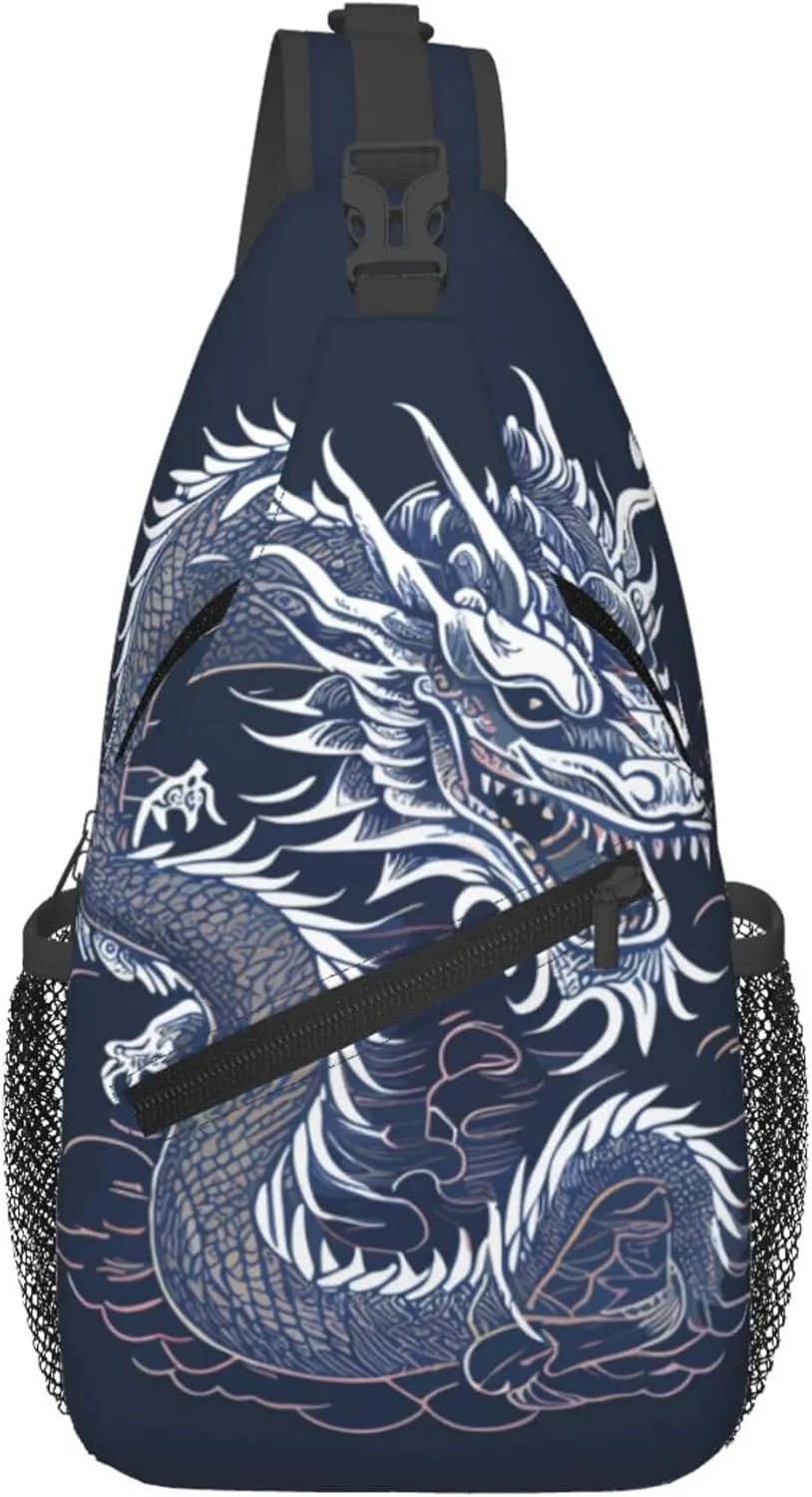 Blue Dragon Pattern Sling Backpack Crossbody Bag, Chest Bag Daypack for Outdoors Hiking Traveling