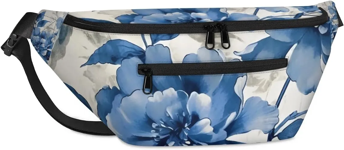 Blue Flowers Sling Bag Crossbody Backpack Chest Daypack for Women Sport Travel Hiking Casual Bag Multipurpose Waist Pack With Zipper Closure Adjustable Strap Shoulder Bag