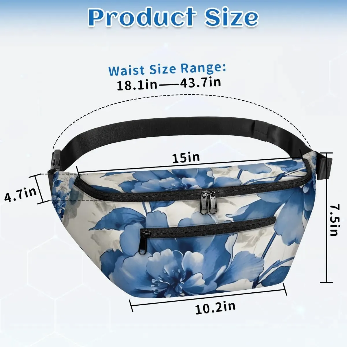 Blue Flowers Sling Bag Crossbody Backpack Chest Daypack for Women Sport Travel Hiking Casual Bag Multipurpose Waist Pack With Zipper Closure Adjustable Strap Shoulder Bag