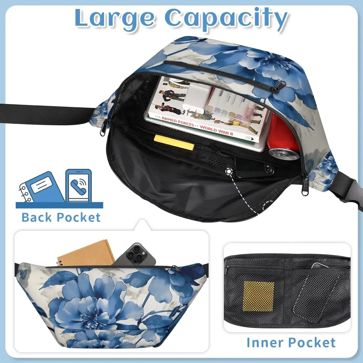 Blue Flowers Sling Bag Crossbody Backpack Chest Daypack for Women Sport Travel Hiking Casual Bag Multipurpose Waist Pack With Zipper Closure Adjustable Strap Shoulder Bag