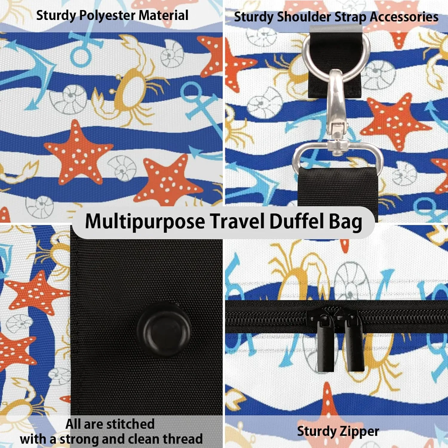 Blue Ocean Beach Seashell Starfish Travel Duffle Bag, Weekender Bags for Women Men, Carry on Overnight Bag Waterproof Gym Bags, Hospital Bag for Labor and Delivery