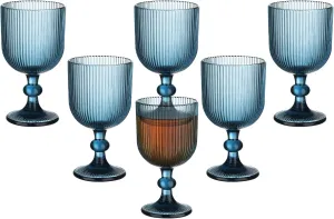 Blue Vintage Wine Glasses Set of 6, 11 Ounces Colored Glass Water Goblets, Unique Embossed Pattern High Clear Stemmed Glassware Wedding Party Bar Glass Drinking Cups Fancy Glasses Vertical Line