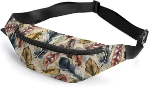 Boho Feather Fanny Pack for Women Men Small Running Belt Waist Pouch Bag with Zipper Adjustable Strap Casual Waist Pack Hands-Free Phone Holder with Headphone for Travel Jogging Hiking Walking Cycling