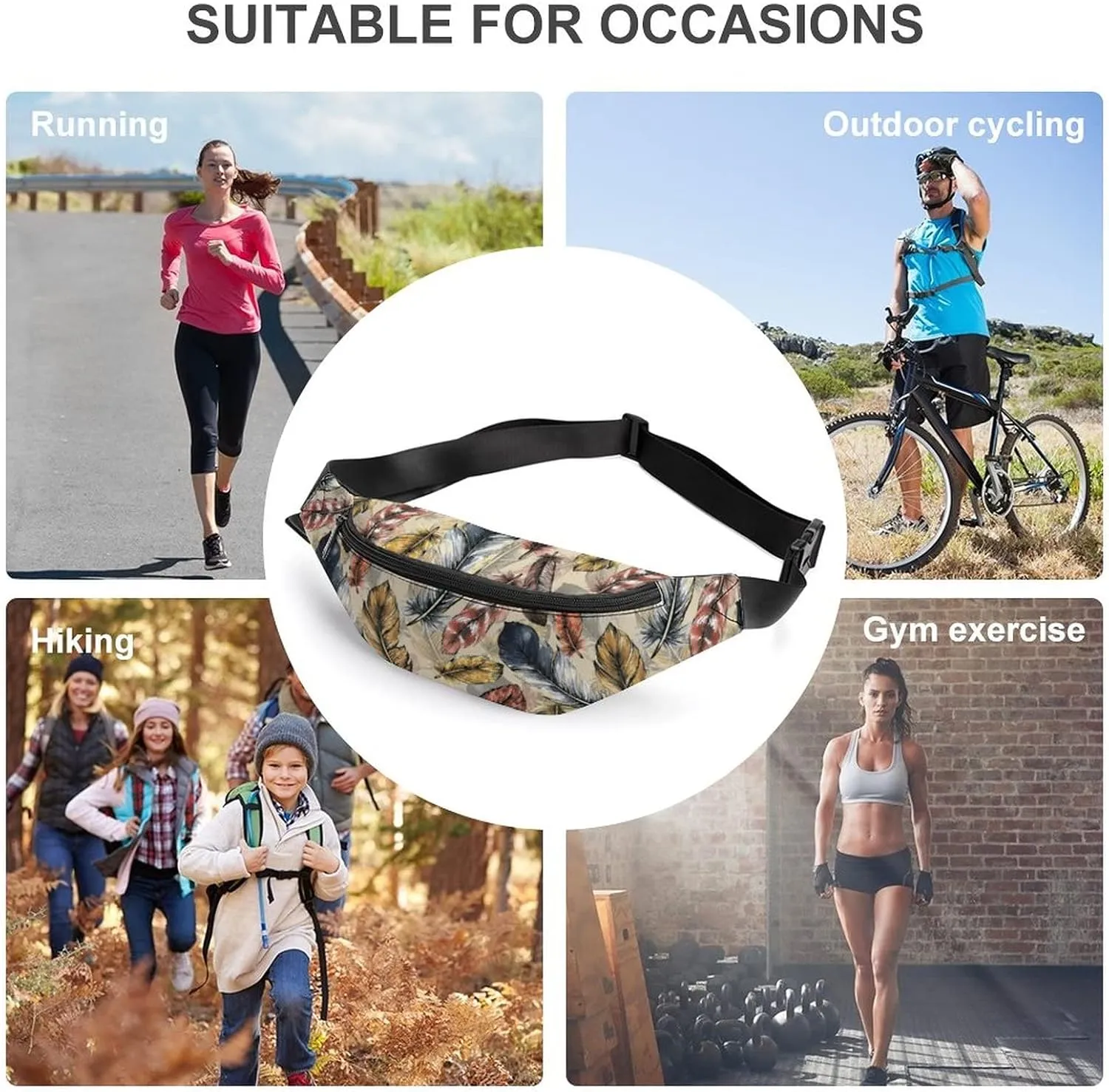 Boho Feather Fanny Pack for Women Men Small Running Belt Waist Pouch Bag with Zipper Adjustable Strap Casual Waist Pack Hands-Free Phone Holder with Headphone for Travel Jogging Hiking Walking Cycling