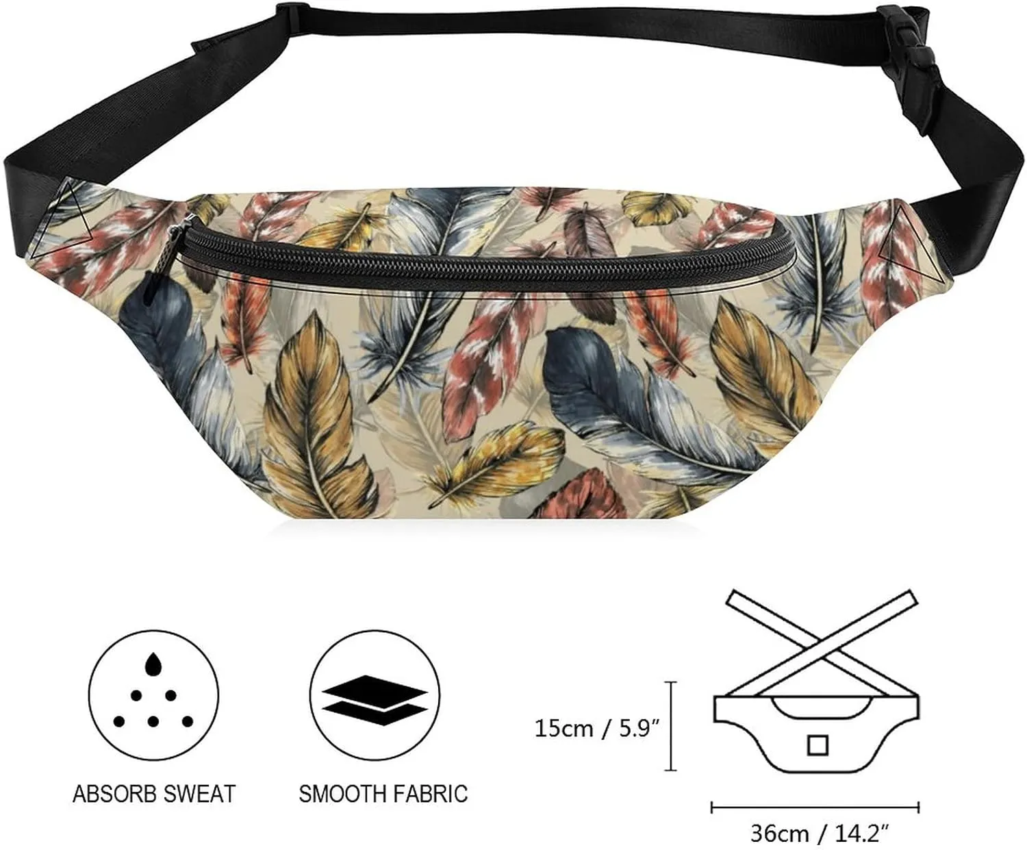 Boho Feather Fanny Pack for Women Men Small Running Belt Waist Pouch Bag with Zipper Adjustable Strap Casual Waist Pack Hands-Free Phone Holder with Headphone for Travel Jogging Hiking Walking Cycling