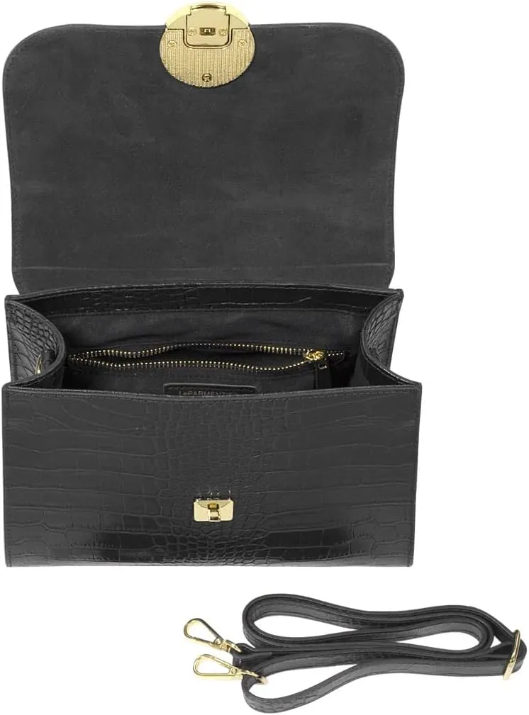 Bombo Croco Embossed Leather Satchel, Top-Handle Bag with Strap, 9.8 x 7.9 x 3.9 inches