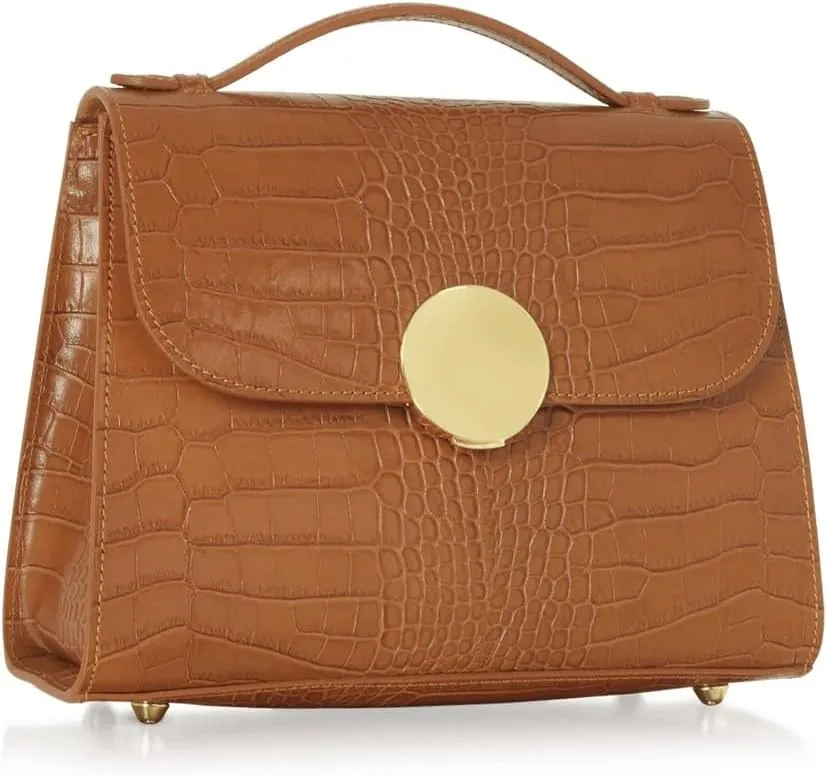 Bombo Croco Embossed Leather Satchel, Top-Handle Bag with Strap, 9.8 x 7.9 x 3.9 inches