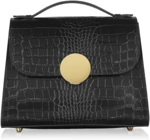 Bombo Croco Embossed Leather Satchel, Top-Handle Bag with Strap, 9.8 x 7.9 x 3.9 inches