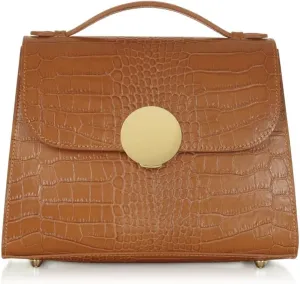 Bombo Croco Embossed Leather Satchel, Top-Handle Bag with Strap, 9.8 x 7.9 x 3.9 inches
