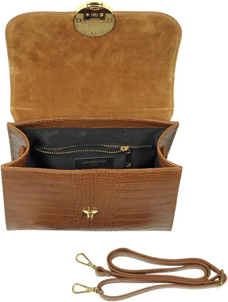 Bombo Croco Embossed Leather Satchel, Top-Handle Bag with Strap, 9.8 x 7.9 x 3.9 inches