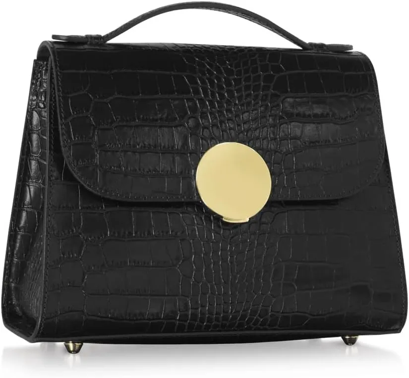 Bombo Croco Embossed Leather Satchel, Top-Handle Bag with Strap, 9.8 x 7.9 x 3.9 inches