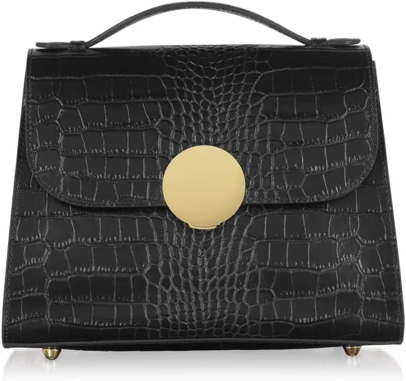 Bombo Croco Embossed Leather Satchel, Top-Handle Bag with Strap, 9.8 x 7.9 x 3.9 inches