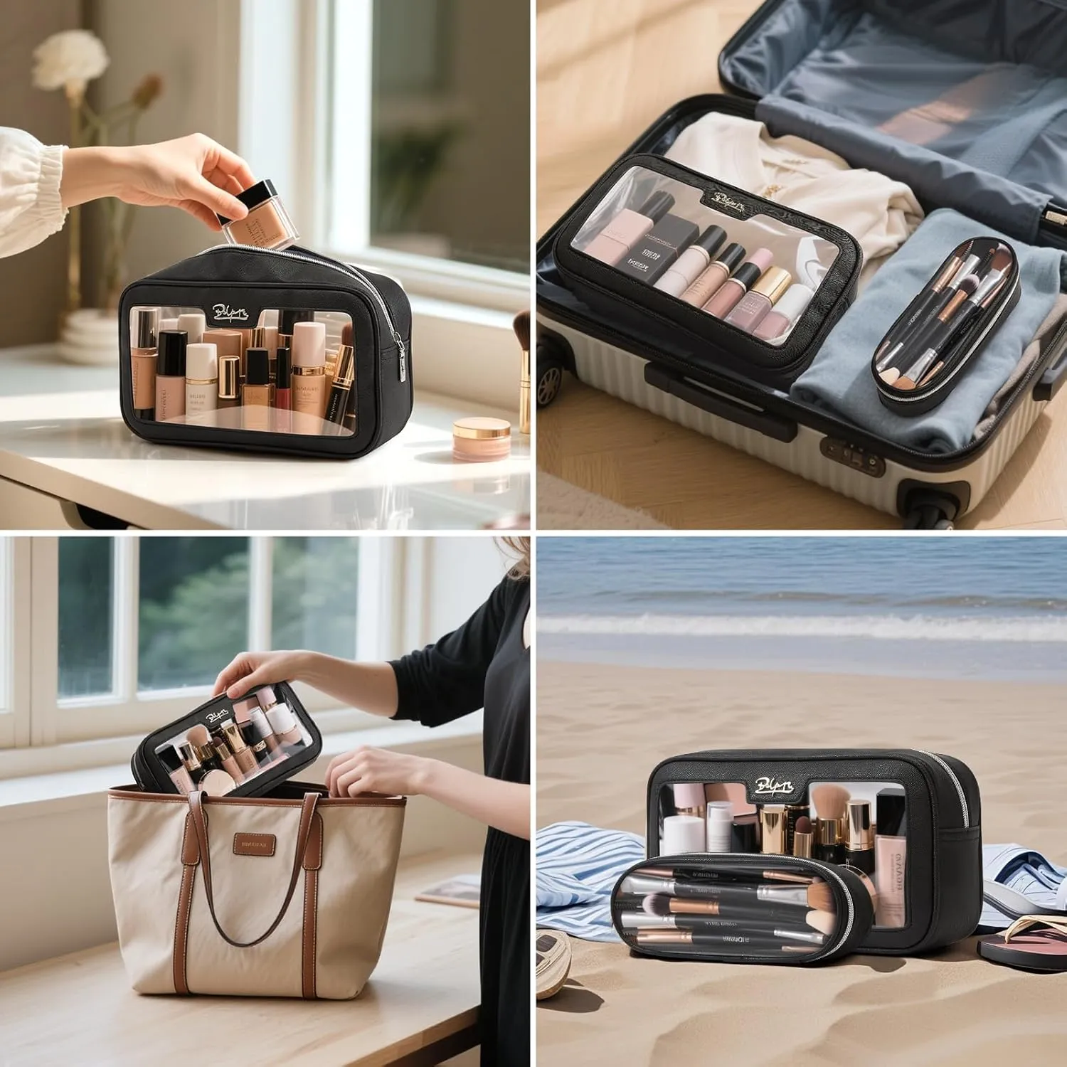 BOYATU Makeup Bag Travel Cosmetic Bag: 2 Pcs Set Large Capacity Make up Bags for Women - Waterproof Clear Toiletry Bags for Vacation Essentials (03-Black)